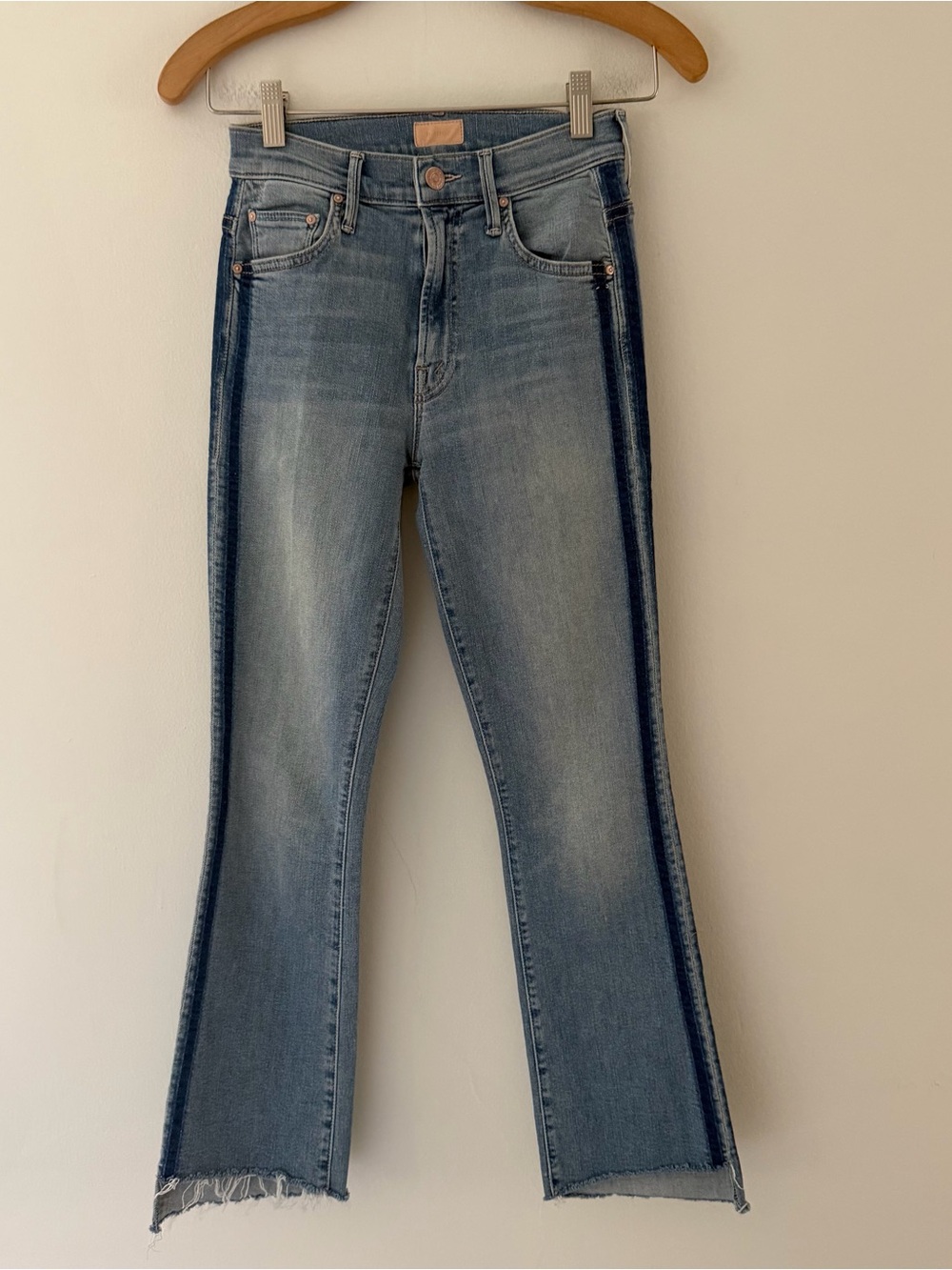 MOTHER Jeans Insider Crop Step Fray Side Stripe Blue Light Kitty Racer Size 24